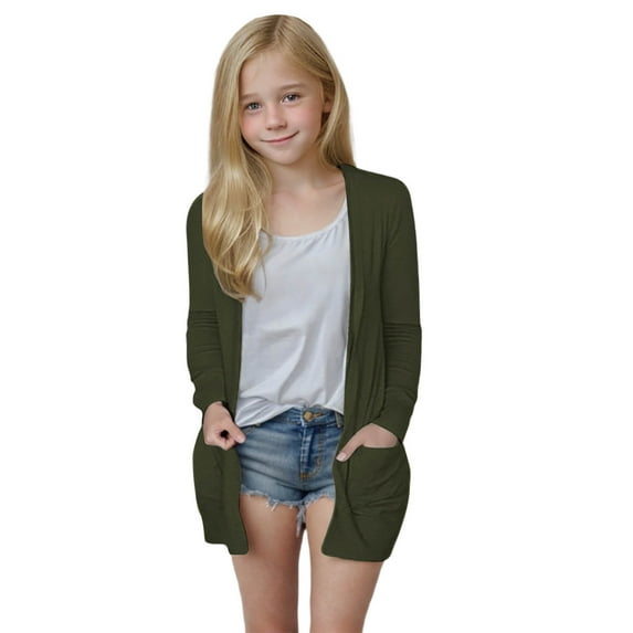 Girl's Open Front Cardigan Long Sleeve Knit Sweaters Kids Solid Cute Casual Loose Outerwear Coats with Pockets Army Green 5 Years