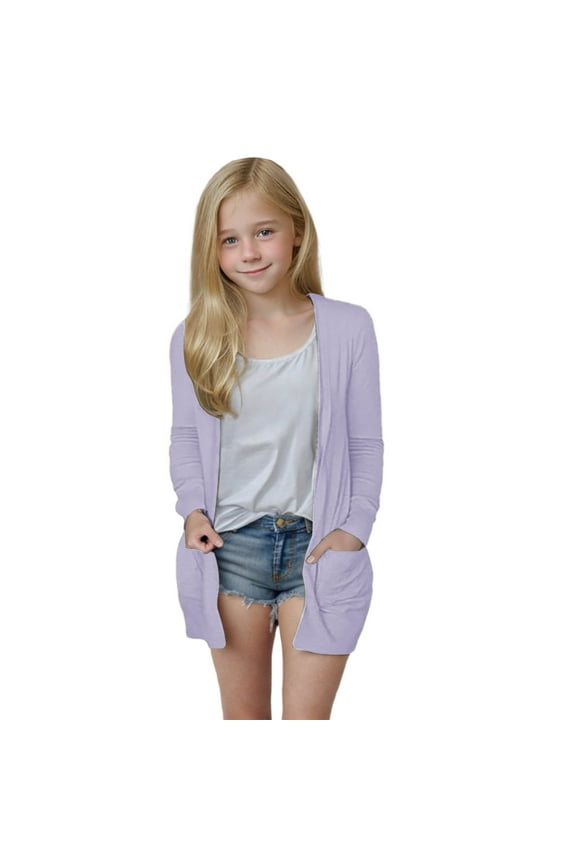 Girl's Open Front Cardigan Long Sleeve Knit Sweaters Solid Casual Kids Outerwear with Pockets for Fall Spring (13 Years, Purple)