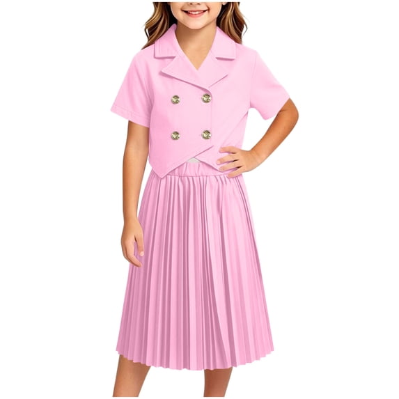 Girl's Outfits Clothing Set Button Down Collared Tops 2 Piece with Pleated Skirt Set Pink 8-9 Years