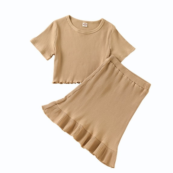 Girl’s Outfits Two Piece Suit Fashion Solid Color Short Sleeve T-shirt and Ruffles Short Skirt