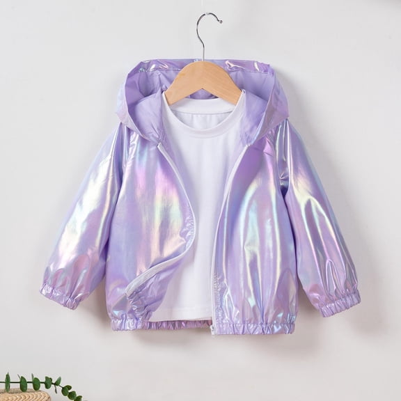 Girl's Oversized Casual Jackets New Toddler Girls Reflective Jacket Zip up Shiny Hooded Windbreaker Lightweight Cycling Running Coat Style B-2 Purple 1 Years