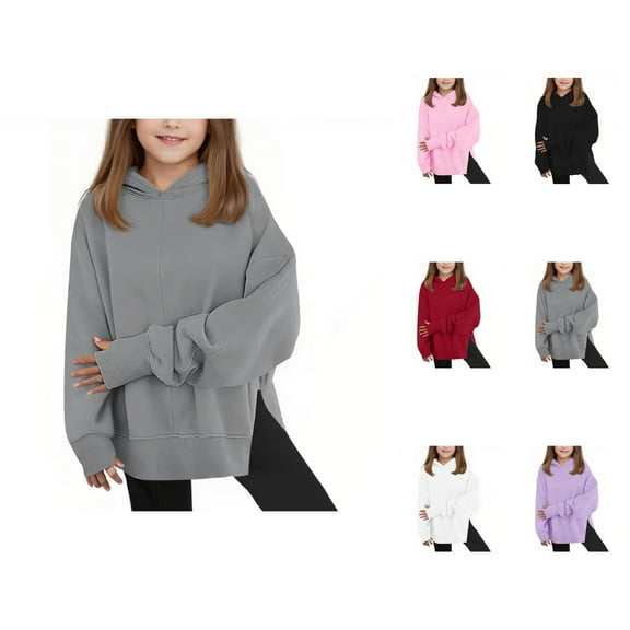Girl's Oversized Hoodies Long Sleeve Plain Casual Side Slit Thumb Hole Hooded Sweatshirt Pullover Tops