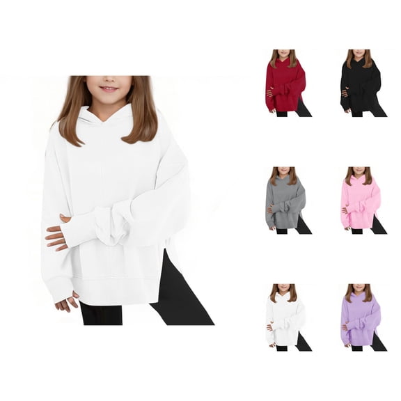 Girl's Oversized Hoodies Plain Long Sleeve Casual Side Slit Thumb Hole Hooded Sweatshirt Pullover Tops