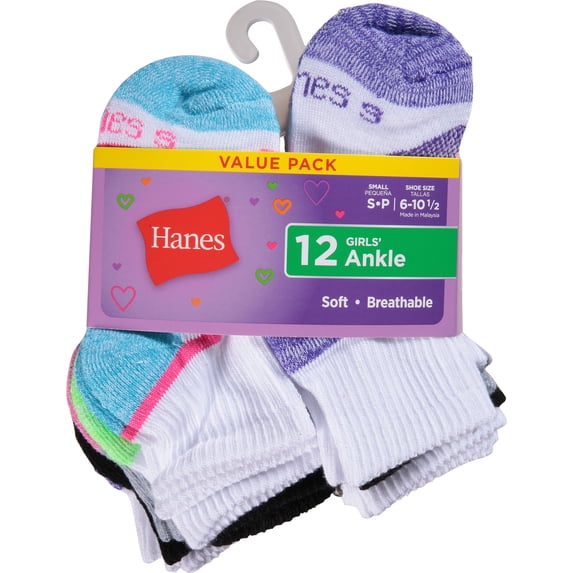 Hanes Girls Ankle Socks, 12 Pairs, Moisture-Wicking, Cushioned, Breathable Mesh