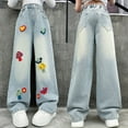 thumbnail image 1 of Girl's Pants Bowknot Wide Leg Flare Cargo Boot Cut Denim Baggy Jeans Trousers, 1 of 4