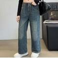 thumbnail image 1 of Girl's Pants Cute Elastic Waist Wide Leg Jeans Casual Demin With Pockets Trousers, 1 of 6
