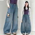 thumbnail image 1 of Girl's Pants Doll Overall Denim Jeans Straight Leg Loose Fit Wide Leg Casual Activewear, 1 of 8