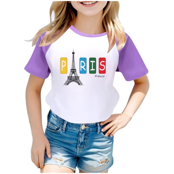 Girl's Paris T-Shirt Raglan Short Sleeved Graphic T Shirt Unisex Children Tee Top