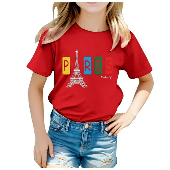 Girl's Paris Tshirt Graphic Short Sleeved T-Shirt Children Sports Fans Gift Tops