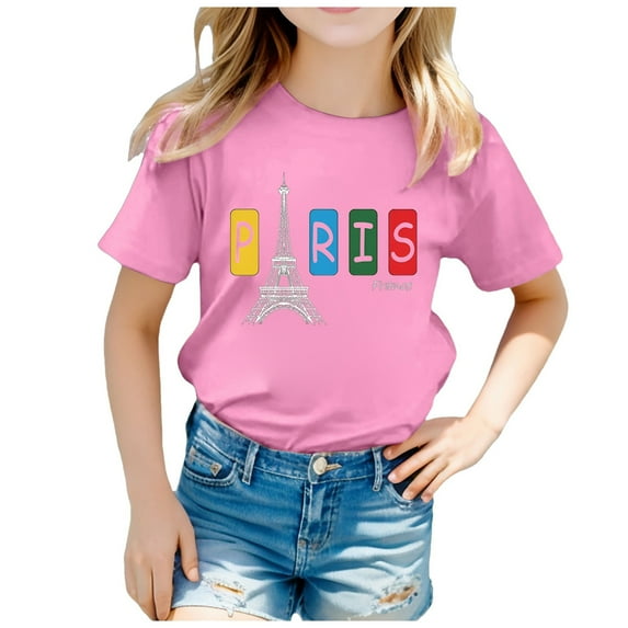 Girl's Paris Tshirt Graphic Short Sleeved T-Shirt Children Sports Fans Gift Tops