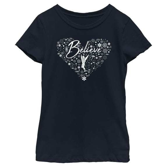Girl's Peter Pan Believe Christmas Snowflakes Graphic Tee Navy Blue Small