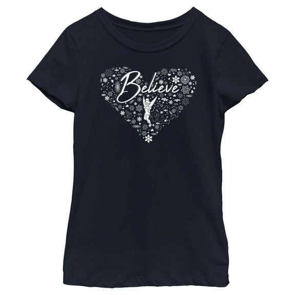 Girl's Peter Pan Believe Christmas Snowflakes  Graphic Tee Navy Blue X Small