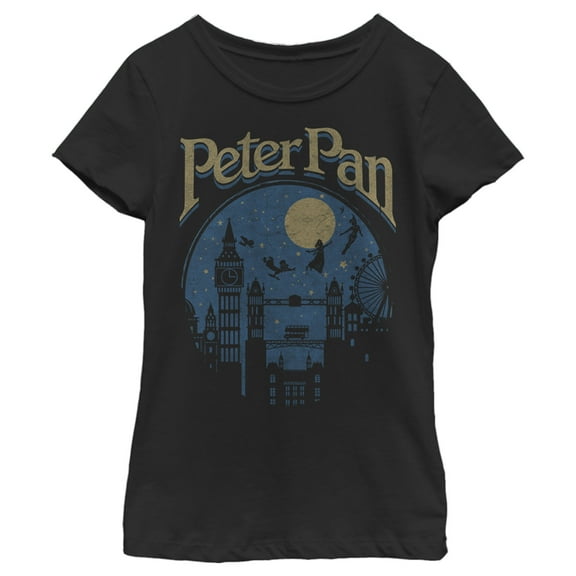 Girl's Peter Pan Flying Over London  Graphic Tee Black Large