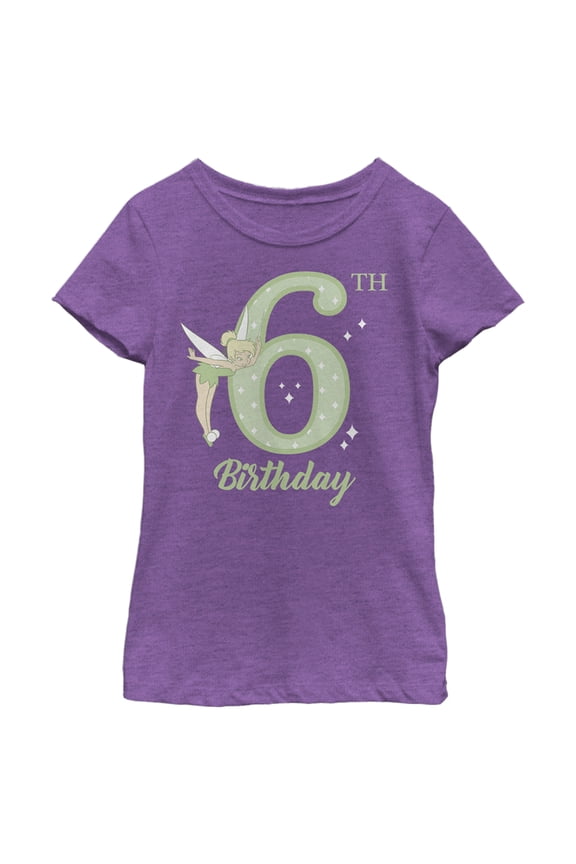 Girl's Peter Pan Tinker Bell 6th Birthday Graphic Tee Purple Berry Small