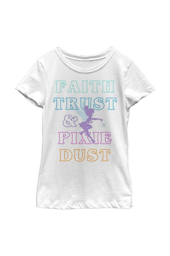 Girl's Peter Pan Tinker Bell Faith Trust & Pixie Dust  Graphic Tee White Medium