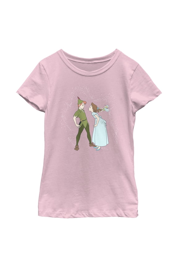 Girl's Peter Pan Valentine's Day Peter and Wendy Kiss Graphic Tee Light Pink Medium