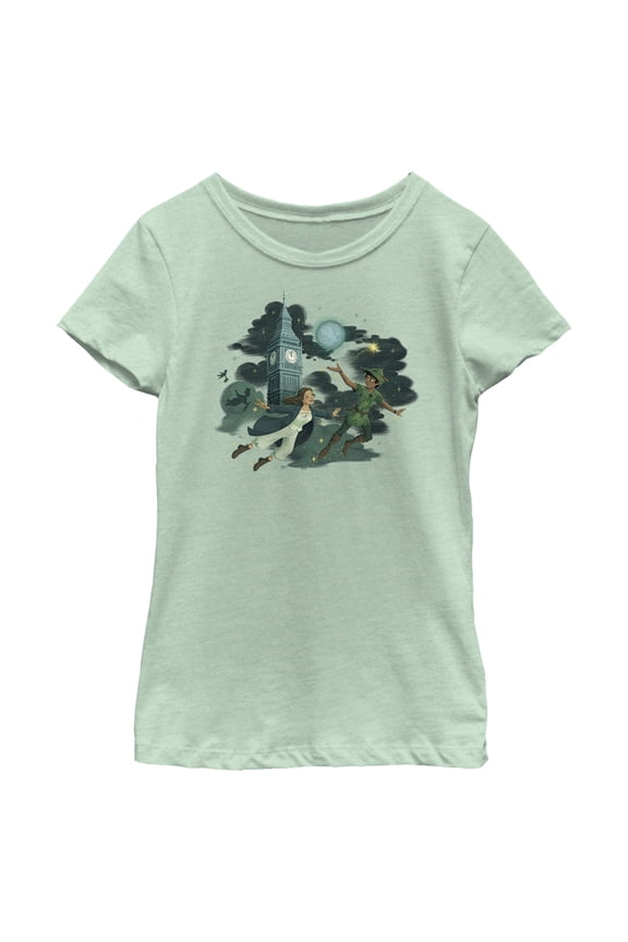 Girl's Peter Pan & Wendy Animated Flying Scene Graphic Tee Mint Medium