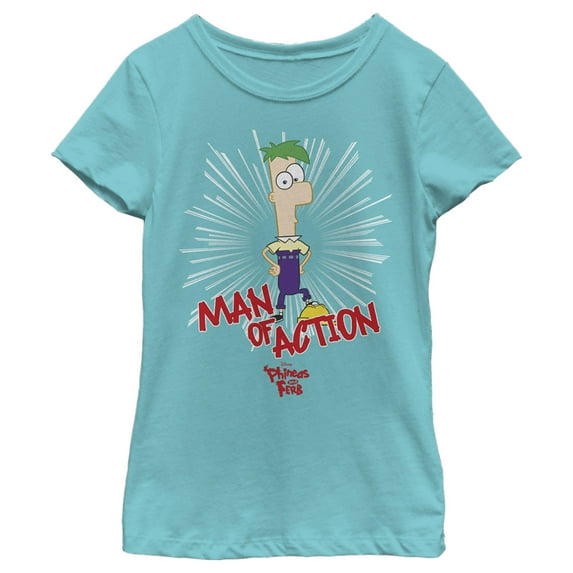 Girl's Phineas & Ferb Phineas and Ferb Man Of Action Graphic Tee Tahiti Blue Large