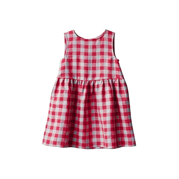 Girl's Plaid Linen Dress Pleated Sleeveless Casual Summer Dresses Bow Tie Back Crew Neck Tank Sundress (5 Years, Red)