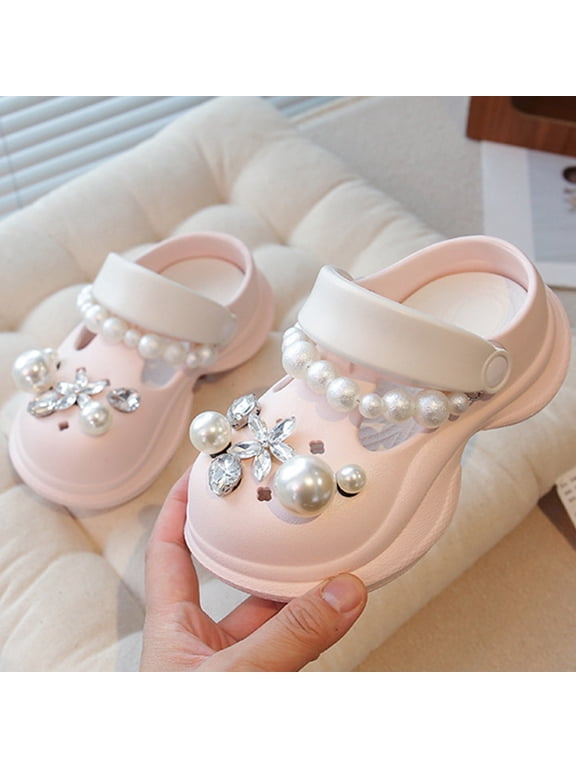 Girl's Platform Garden Clogs Pearl Star Slippers Sandals (Pink 7-8 Years)