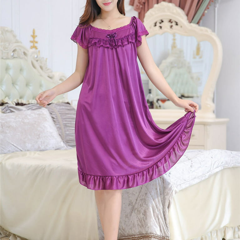 Girl's Plus Size Nightgown for Summer Short Sleeve Lace Ruffle Trim Pajama  Dress Dark Purple L