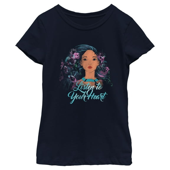 Girl's Pocahontas Watercolor Wind Graphic Tee Navy Blue Small