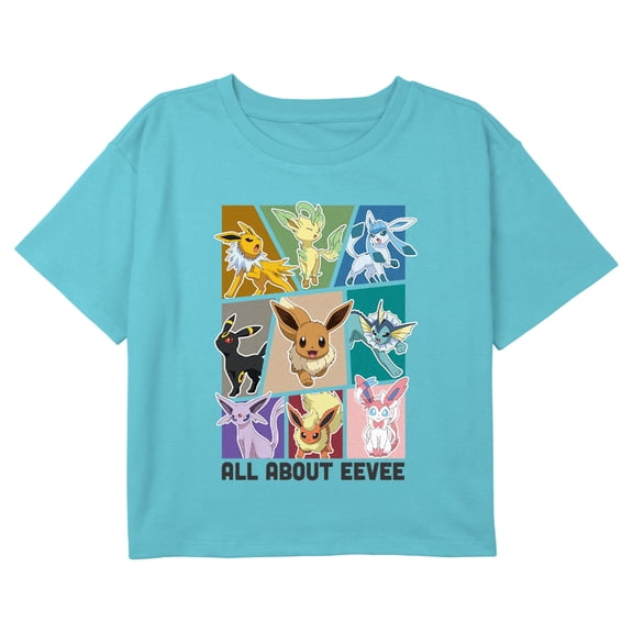 Girl's Pokemon All About Eeveelutions Graphic Cropped T-Shirt Blue Small