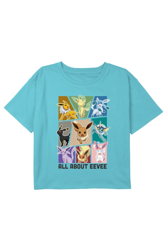 Girl's Pokemon All About Eeveelutions Graphic Cropped T-Shirt Blue Small