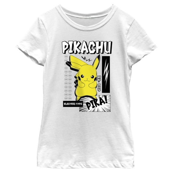 Girl's Pokemon Black and White Electric Type Pikachu Graphic Tee White Large