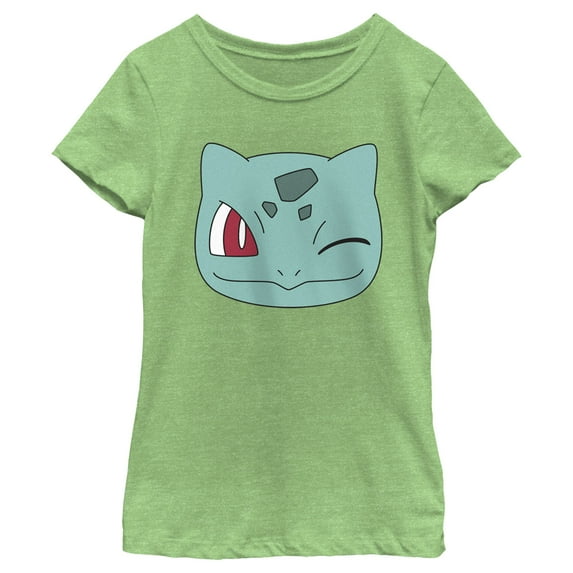 Girl's Pokemon Bulbasaur Wink Face Graphic Tee Green Apple Small