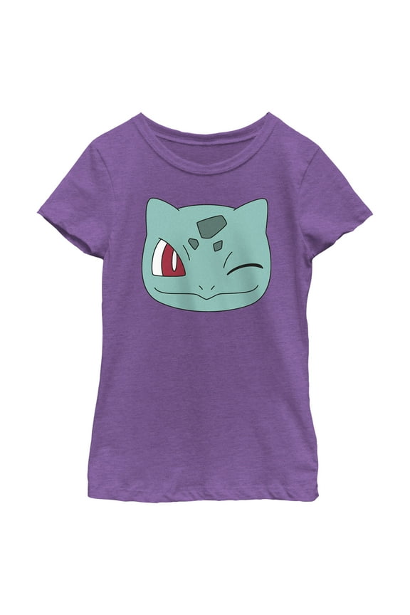 Girl's Pokemon Bulbasaur Wink Face Graphic Tee Purple Berry Small