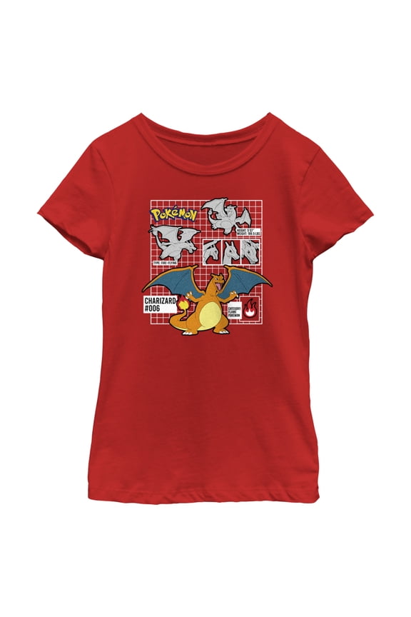 Girl's Pokemon Charizard Info Grid Graphic Tee Red Medium