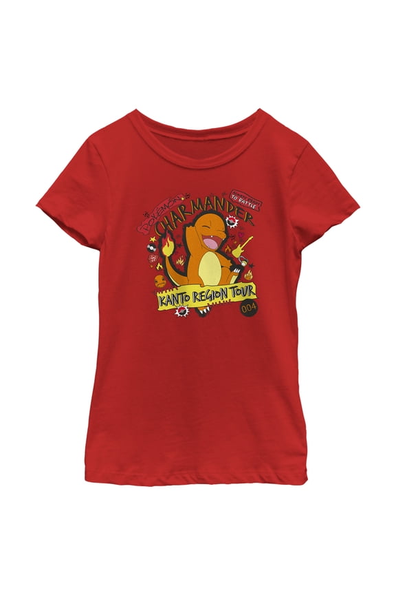 Girl's Pokemon Charmander Kanto Tour Graphic Tee Red Large