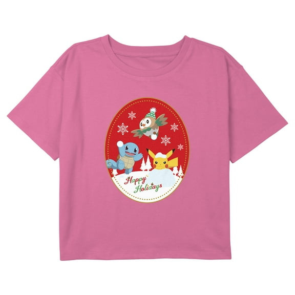 Girl's Pokemon Christmas Happy Holidays Friends Patch Graphic Cropped T-Shirt Light Pink Medium