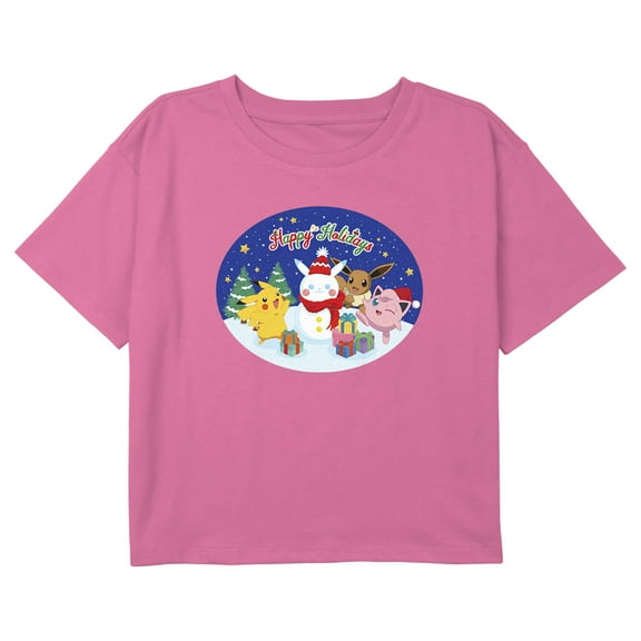 Girl's Pokemon Christmas Happy Holidays Pikachu Snowman Graphic Cropped T-Shirt Light Pink X Large