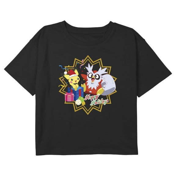 Girl's Pokemon Christmas Pichu and Delibird Happy Holidays Party Graphic Cropped T-Shirt Black Small