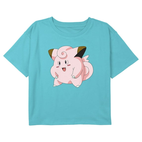 Girl's Pokemon Clefairy Profile Portrait Graphic Cropped T-Shirt Blue Large