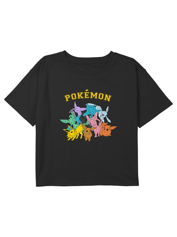 Girl's Pokemon Colorful Eeveelutions Graphic Cropped T-Shirt Black Medium