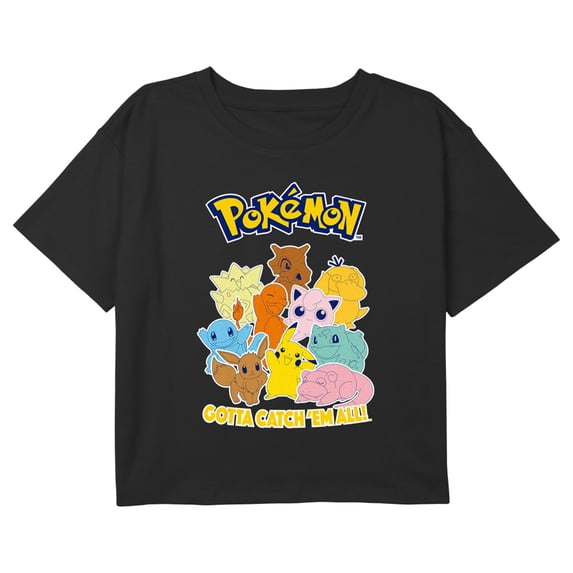 Girl's Pokemon Colorful Gotta Catch 'Em All Group Graphic Cropped T-Shirt Black X Small