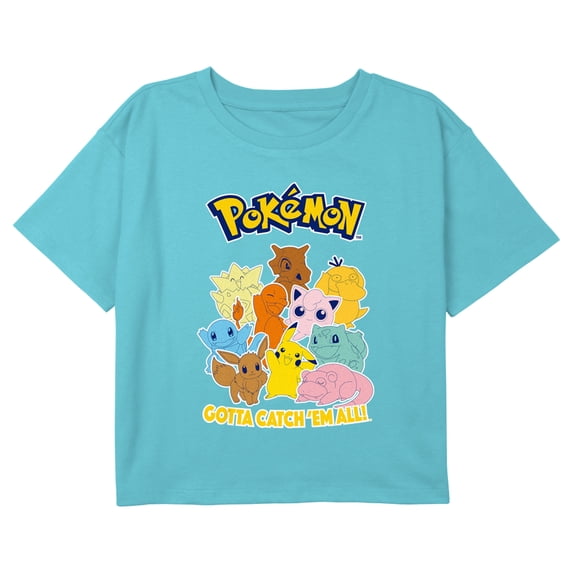 Girl's Pokemon Colorful Gotta Catch 'Em All Group Graphic Cropped T-Shirt Blue Medium
