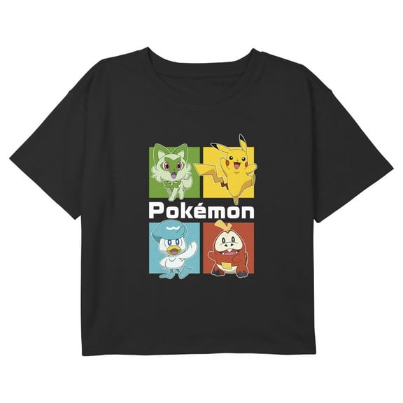 Girl's Pokemon Colorful Starters Squares Graphic Cropped T-Shirt Black Small