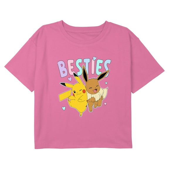 Girl's Pokemon Cute Eevee and Pikachu Graphic Cropped T-Shirt