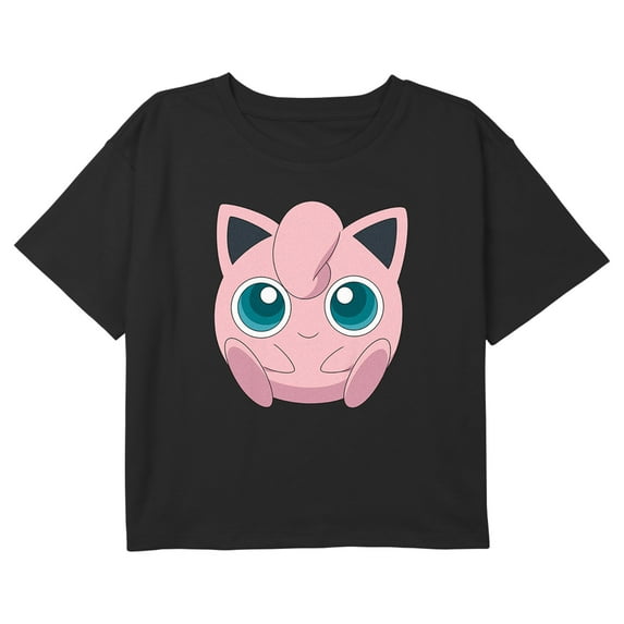 Girl's Pokemon Cute Jigglypuff Portrait Graphic Cropped T-Shirt Black Large