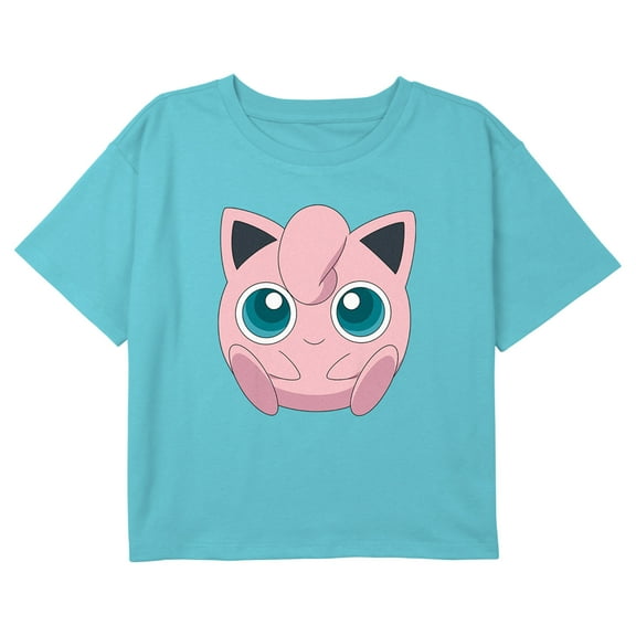Girl's Pokemon Cute Jigglypuff Portrait Graphic Cropped T-Shirt Blue Medium