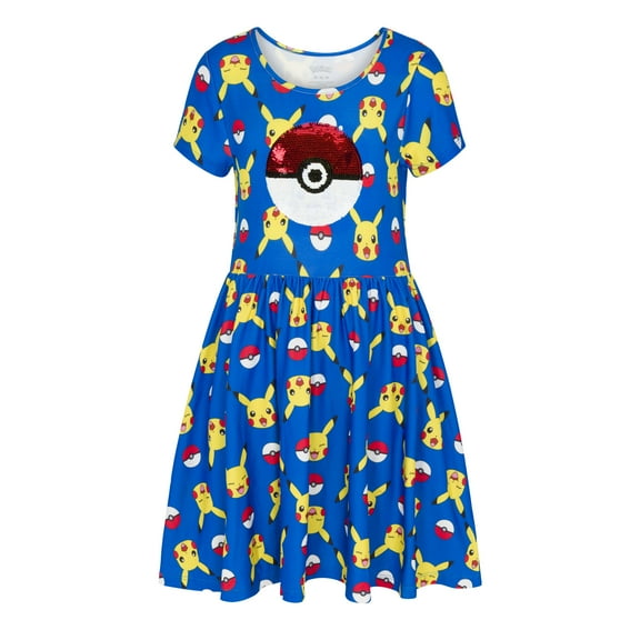 Girl's Pokemon Dress with Pikachu Sequins for Little and Big Girls, Blue, XS (4/5)