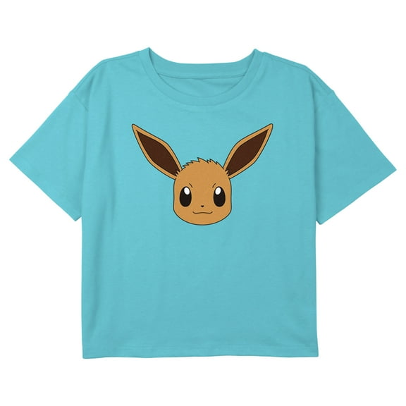 Girl's Pokemon Eevee Face Portrait Graphic Cropped T-Shirt Blue Small