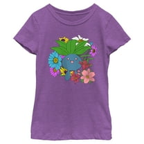 Girl's Pokemon Floral Oddish Graphic Tee Purple Berry Small