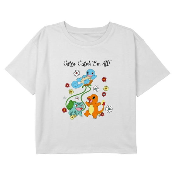 Girl's Pokemon Gotta Catch 'Em All Retro Flowers Graphic Cropped T-Shirt