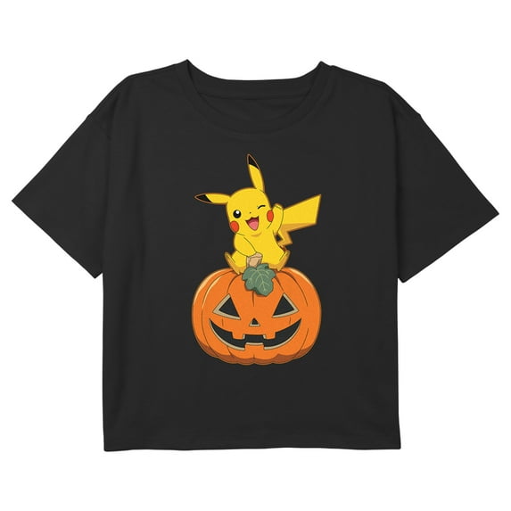 Girl's Pokemon Halloween Jack-o'-Lantern Pikachu Graphic Cropped T-Shirt Black Small