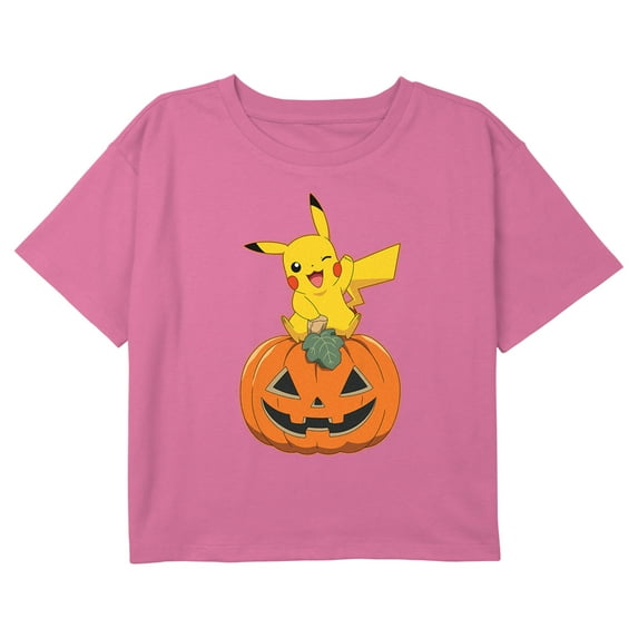 Girl's Pokemon Halloween Jack-o'-Lantern Pikachu Graphic Cropped T-Shirt Light Pink X Large
